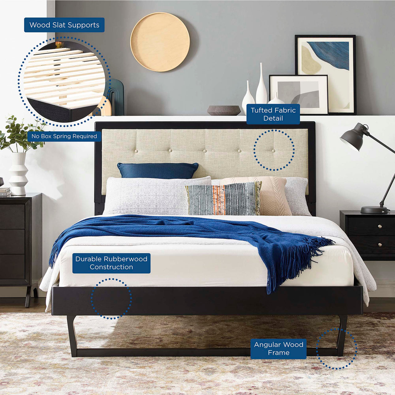 Weslow Button-Tufted Queen Platform Bed, Black & Beige
