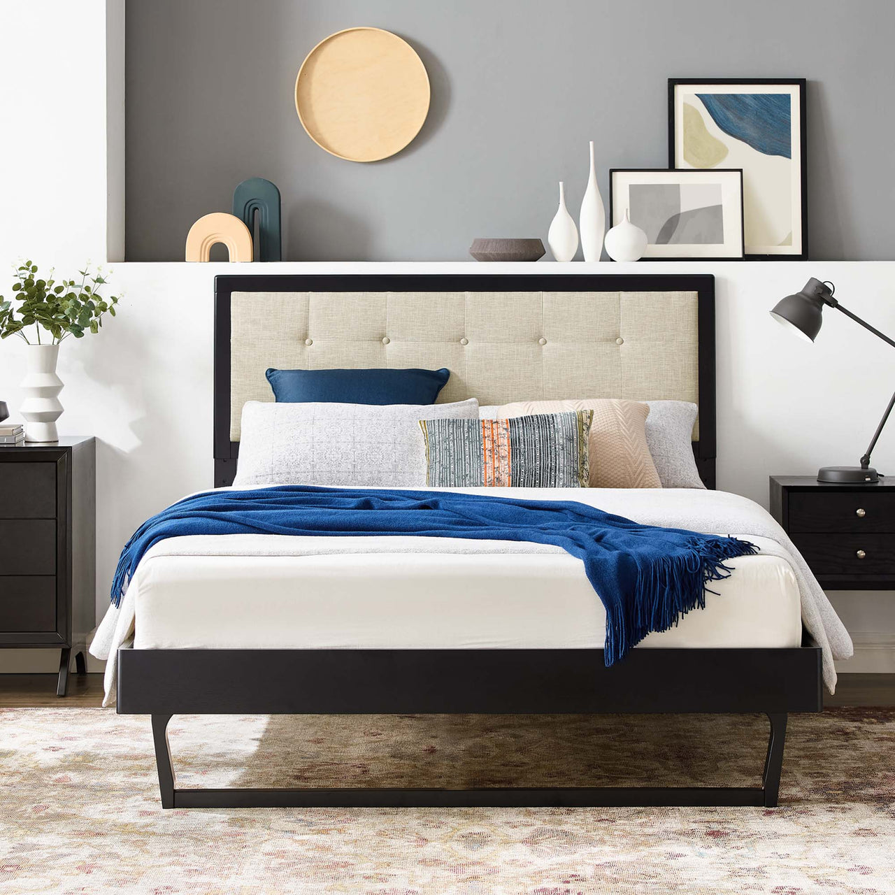 Weslow Button-Tufted Queen Platform Bed, Black & Beige