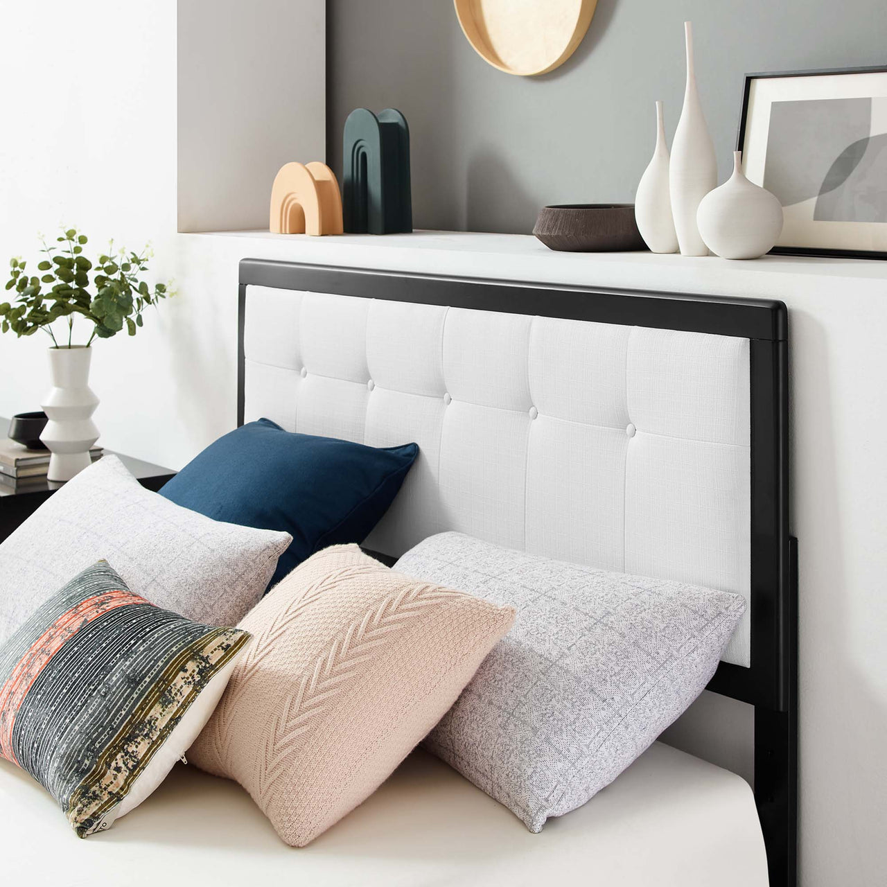 Weslow Button-Tufted Queen Platform Bed, Black & White