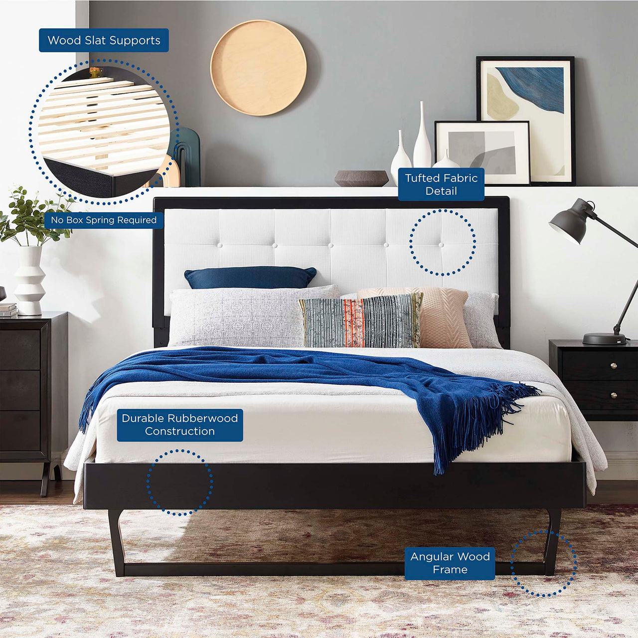 Weslow Button-Tufted Queen Platform Bed, Black & White