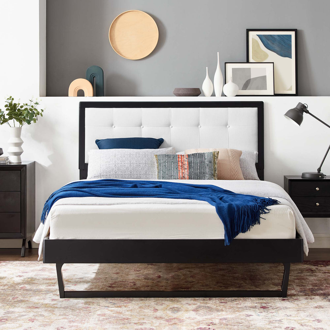 Weslow Button-Tufted Queen Platform Bed, Black & White