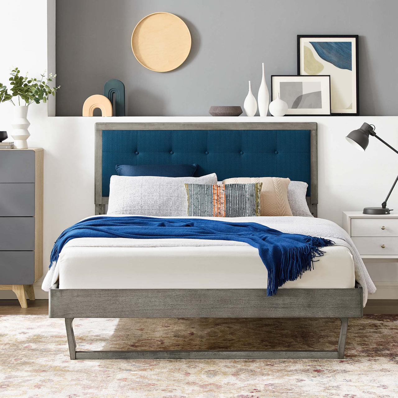 Weslow Button-Tufted Queen Platform Bed, Gray & Azure