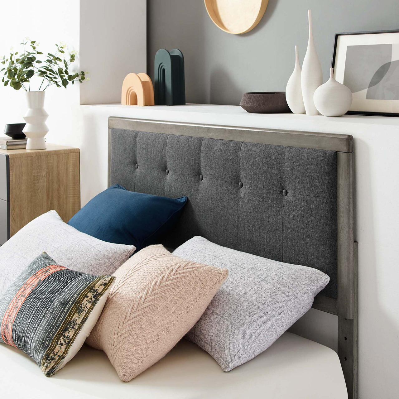 Weslow Button-Tufted Queen Platform Bed, Gray & Charcoal