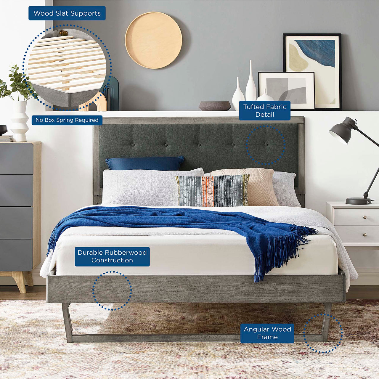 Weslow Button-Tufted Queen Platform Bed, Gray & Charcoal