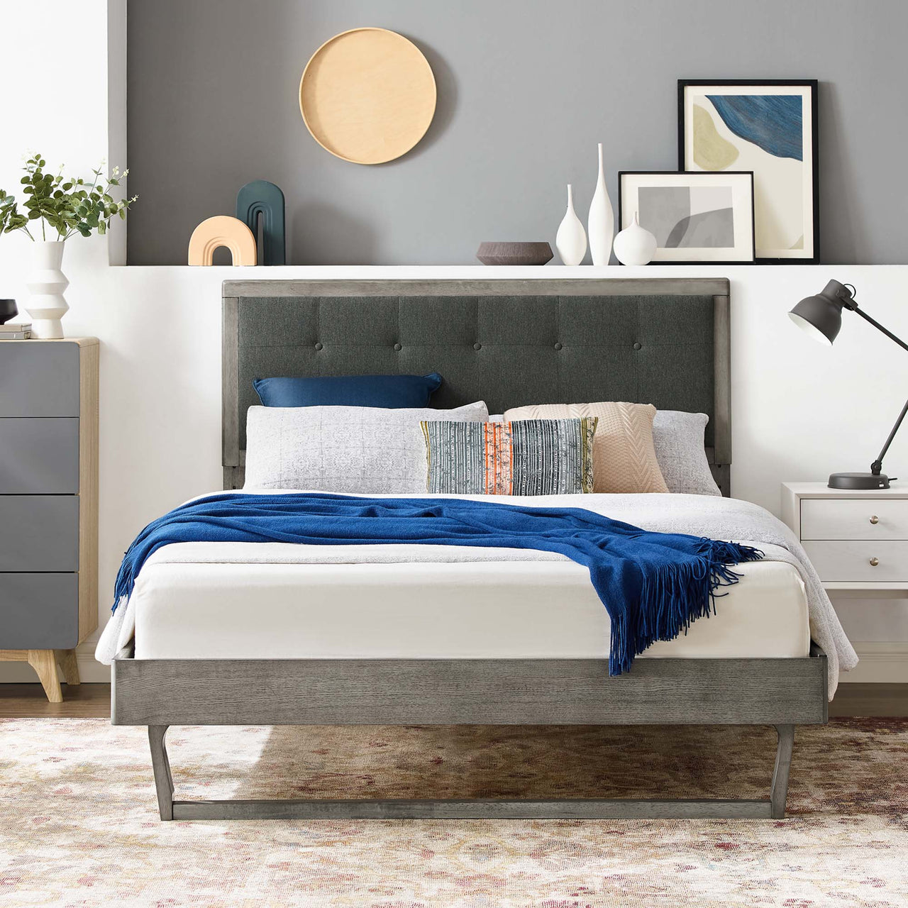 Weslow Button-Tufted Queen Platform Bed, Gray & Charcoal