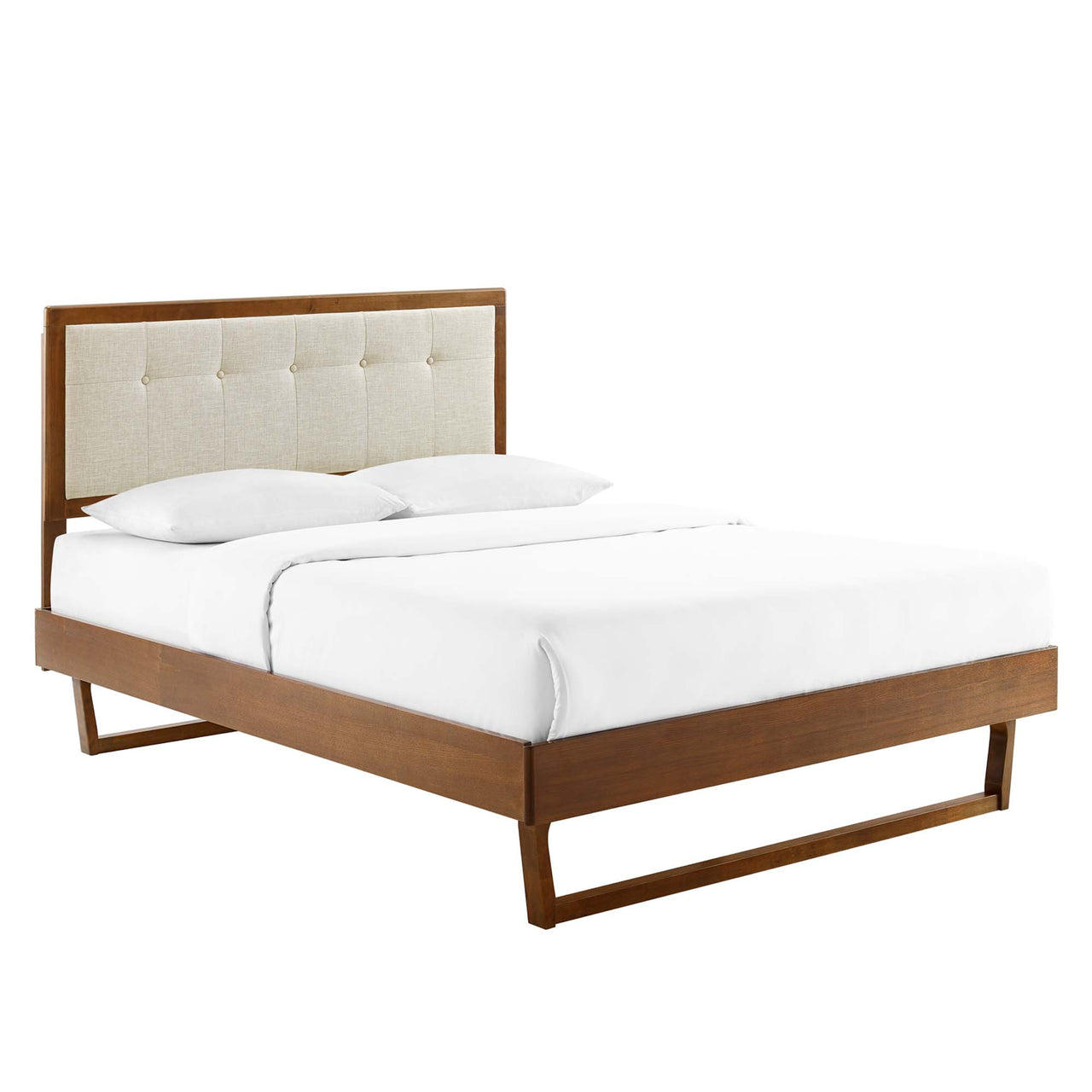 Weslow Button-Tufted Queen Platform Bed, Walnut & Beige