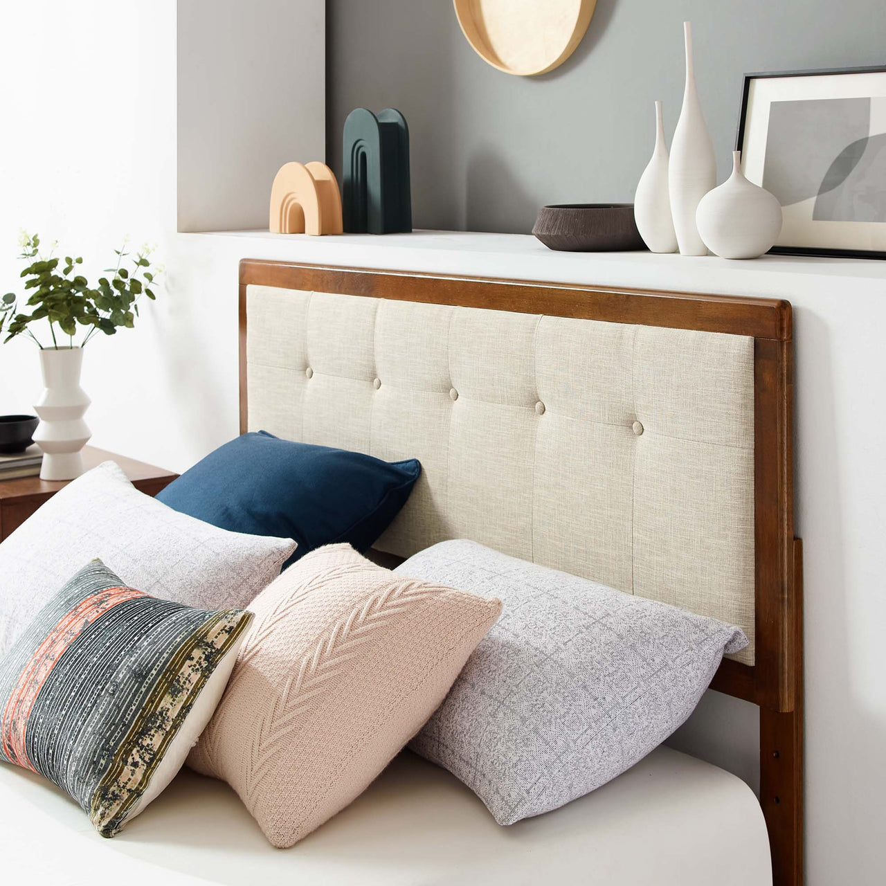 Weslow Button-Tufted Queen Platform Bed, Walnut & Beige