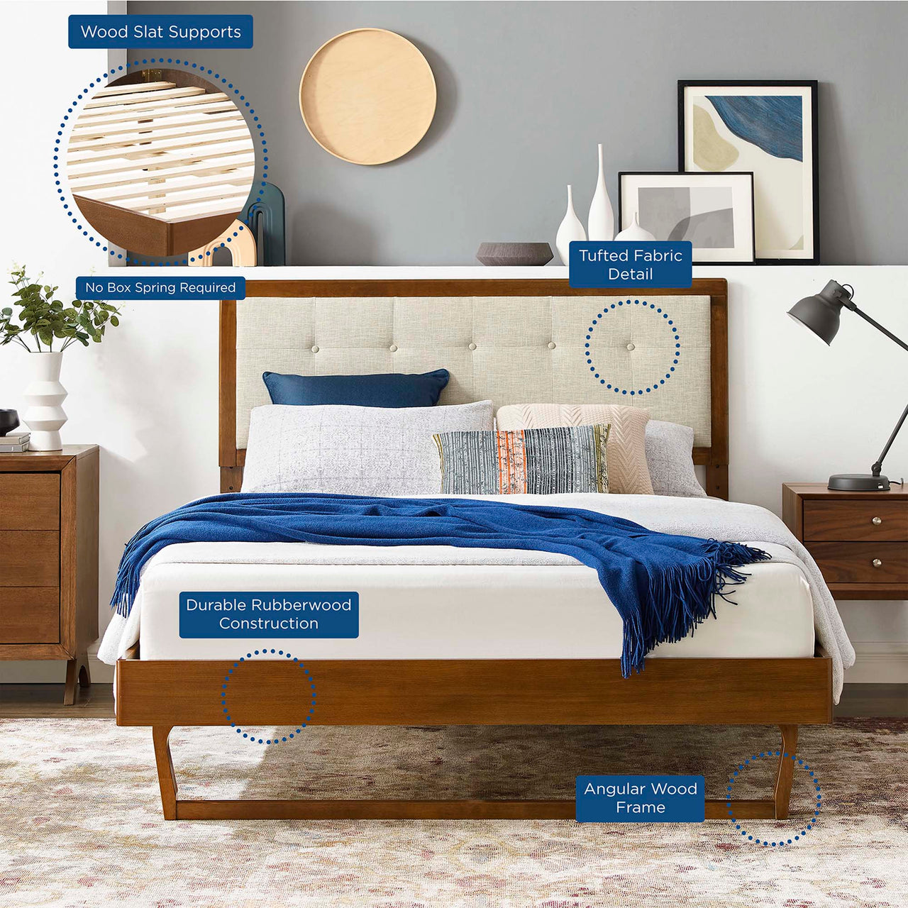 Weslow Button-Tufted Queen Platform Bed, Walnut & Beige