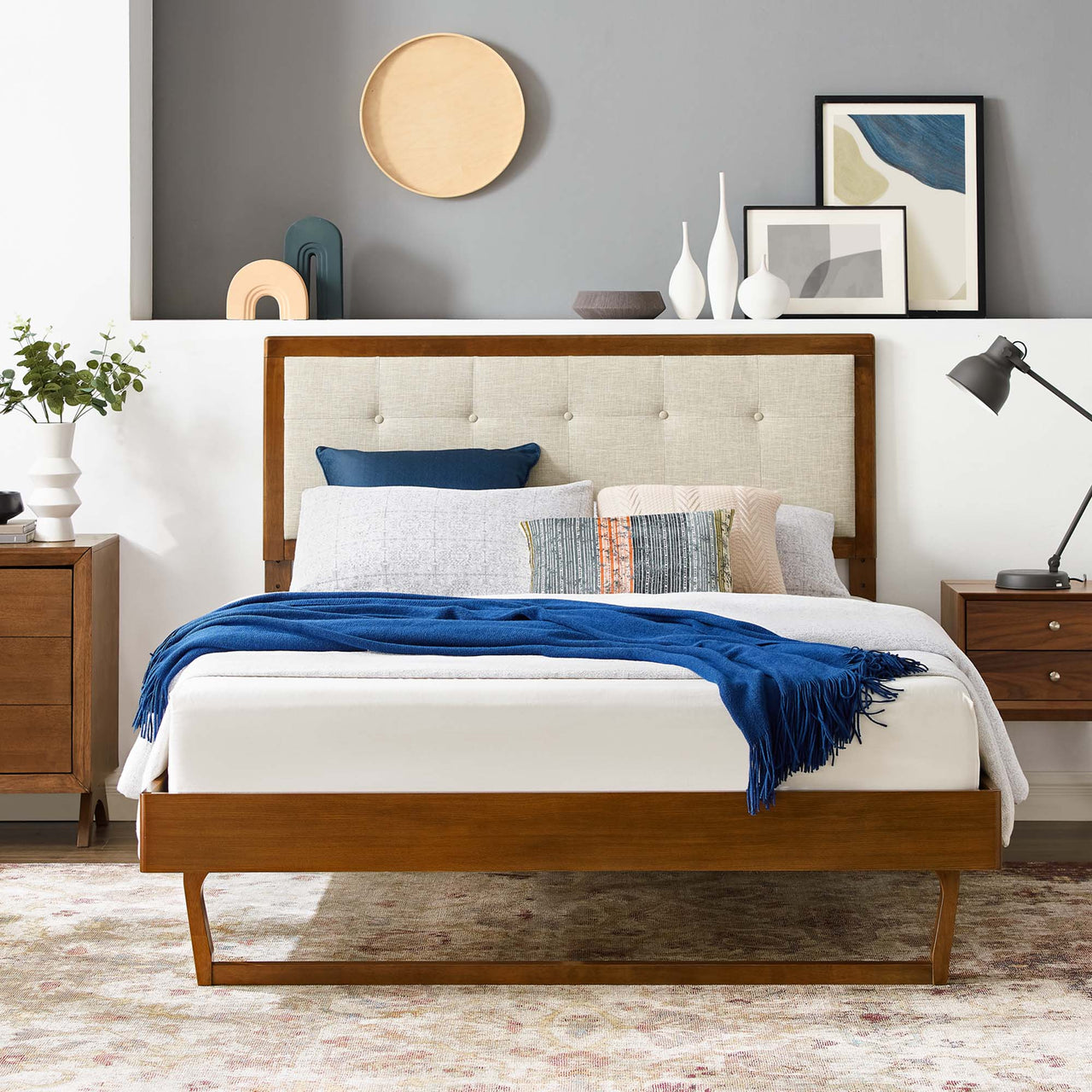 Weslow Button-Tufted Queen Platform Bed, Walnut & Beige
