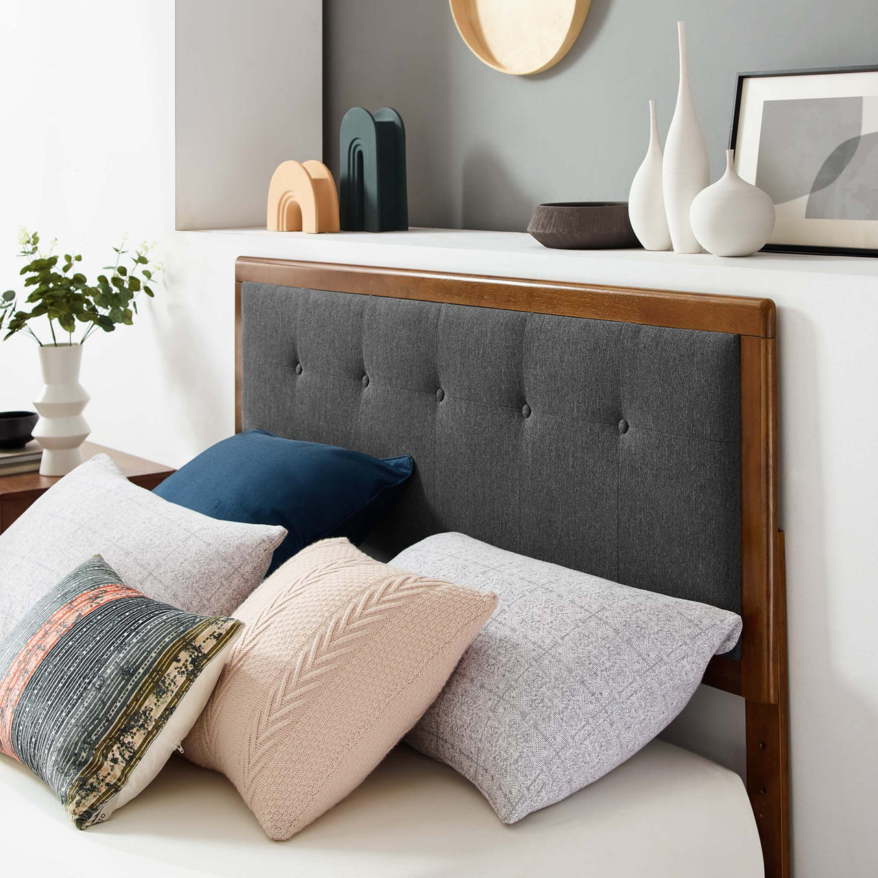 Weslow Button-Tufted Queen Platform Bed, Walnut & Charcoal