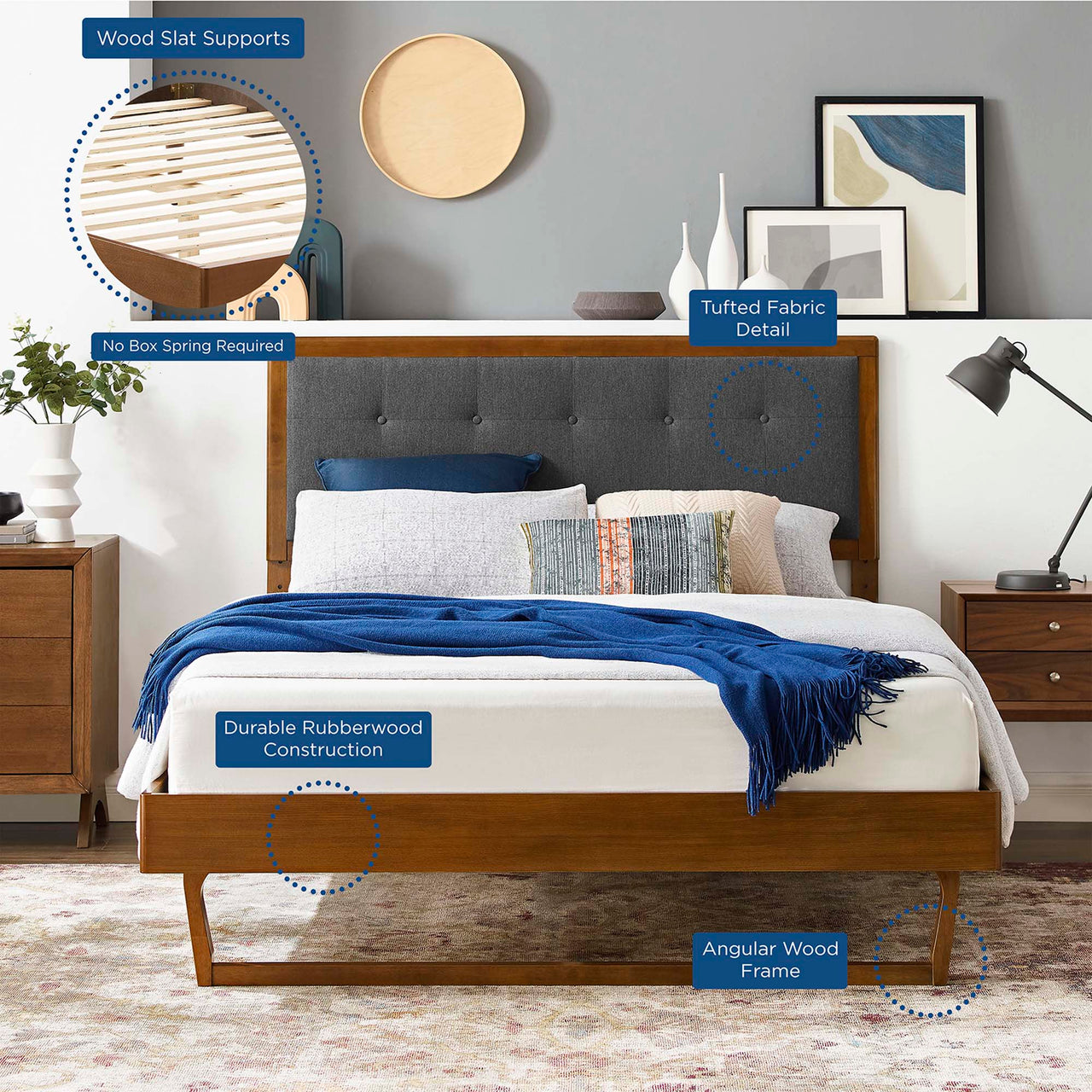 Weslow Button-Tufted Queen Platform Bed, Walnut & Charcoal