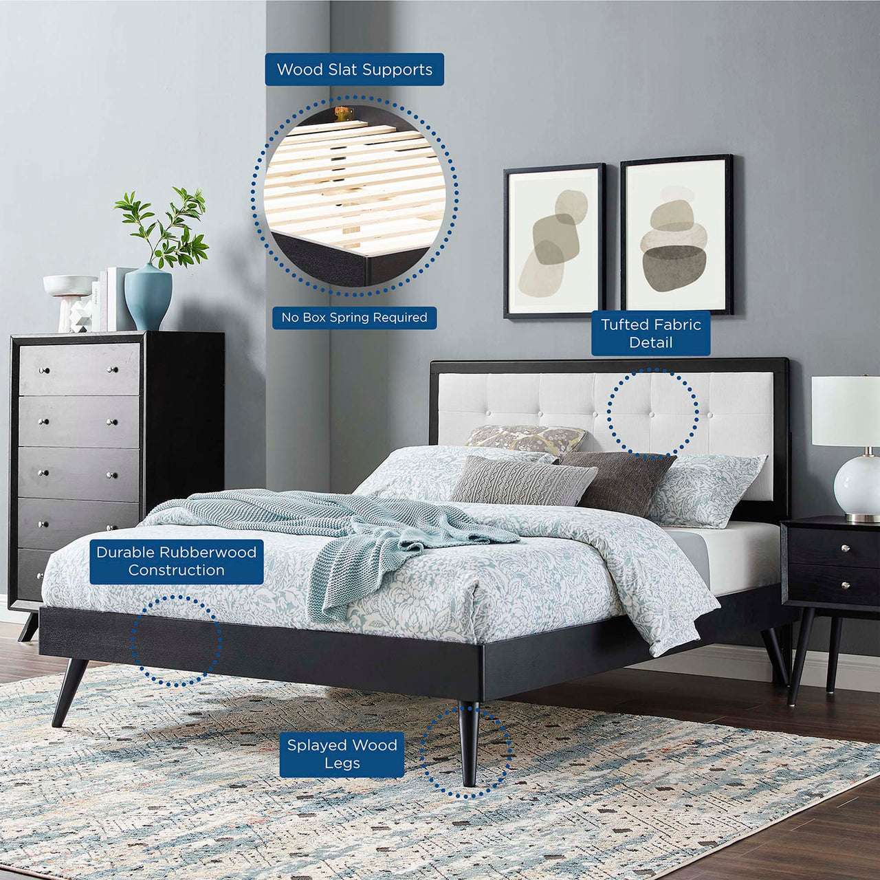 Weslow Button-Tufted Queen Platform Bed, Black & White