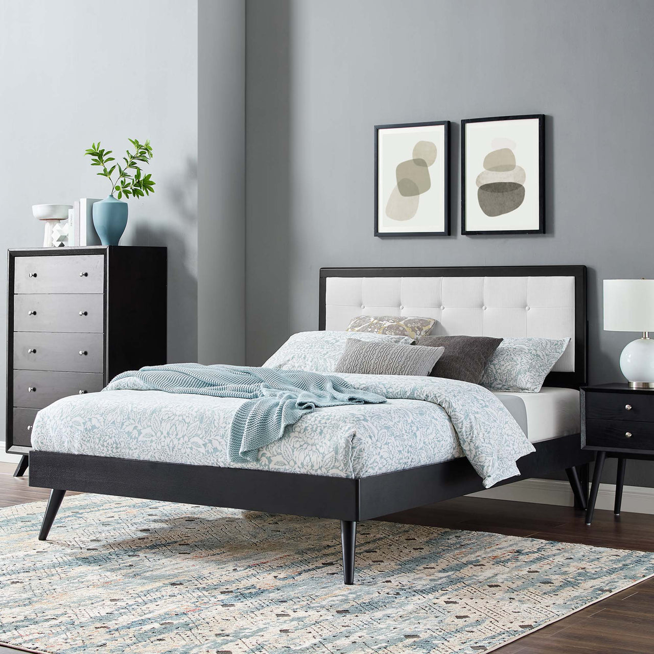 Weslow Button-Tufted Queen Platform Bed, Black & White