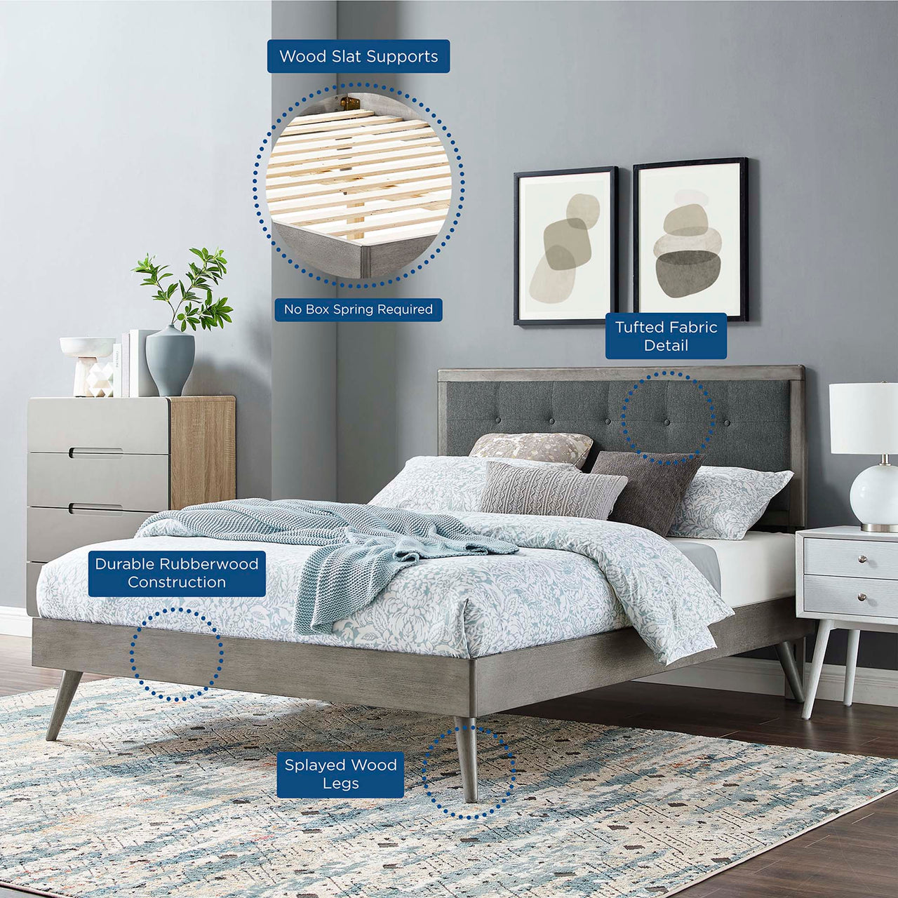 Weslow Button-Tufted Queen Platform Bed, Gray & Charcoal