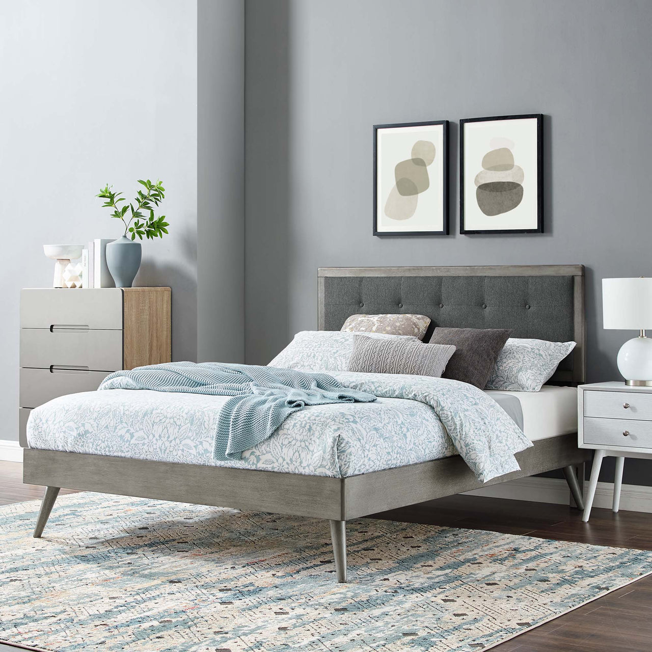 Weslow Button-Tufted Queen Platform Bed, Gray & Charcoal
