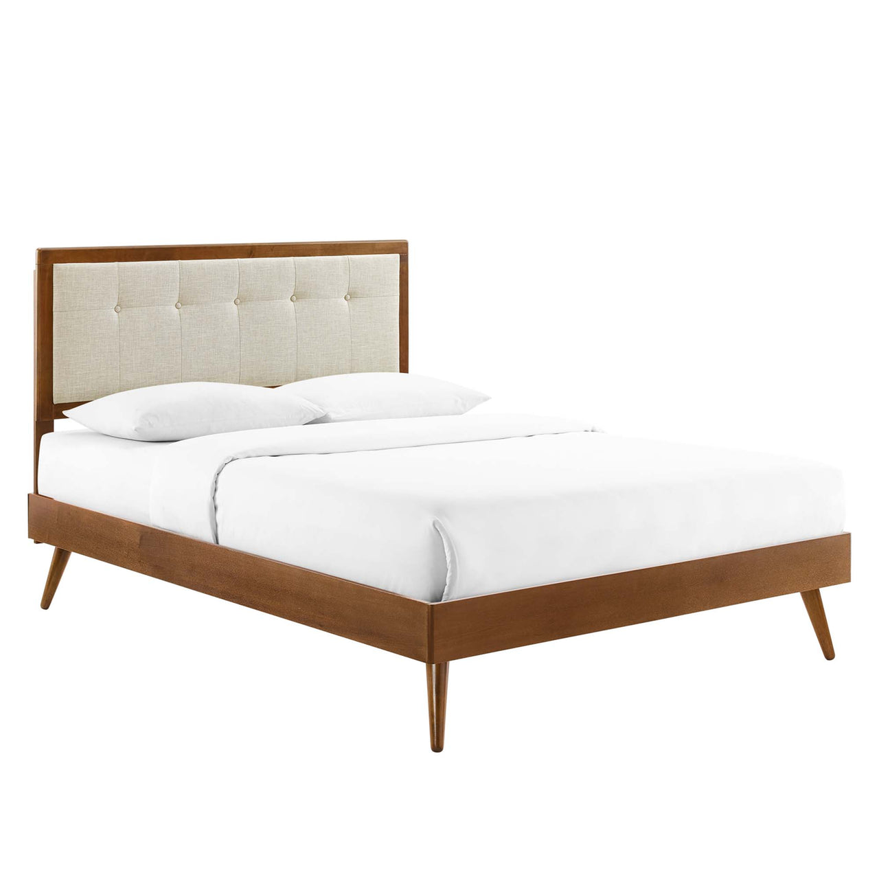 Weslow Button-Tufted Queen Platform Bed, Walnut & Beige