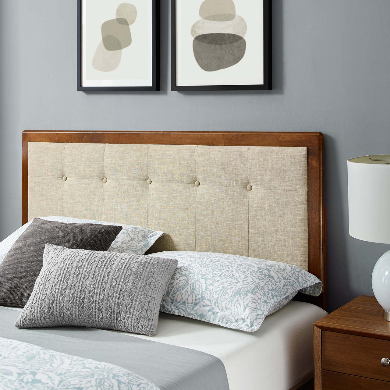 Weslow Button-Tufted Queen Platform Bed, Walnut & Beige