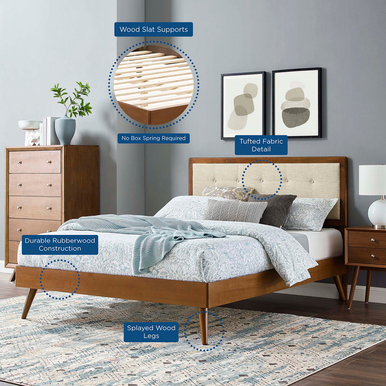 Weslow Button-Tufted Queen Platform Bed, Walnut & Beige