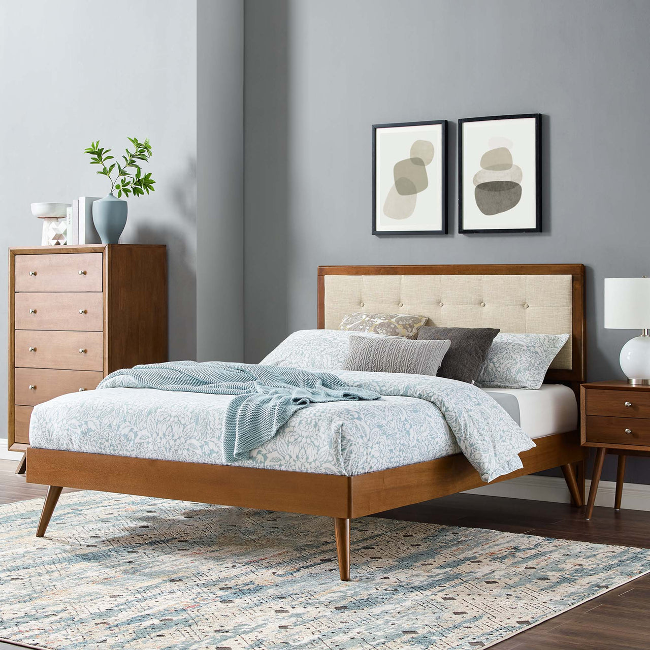 Weslow Button-Tufted Queen Platform Bed, Walnut & Beige