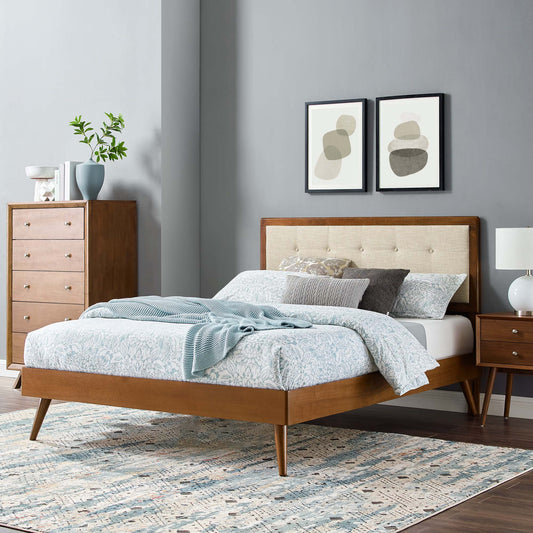 Weslow Button-Tufted Queen Platform Bed, Walnut & Beige