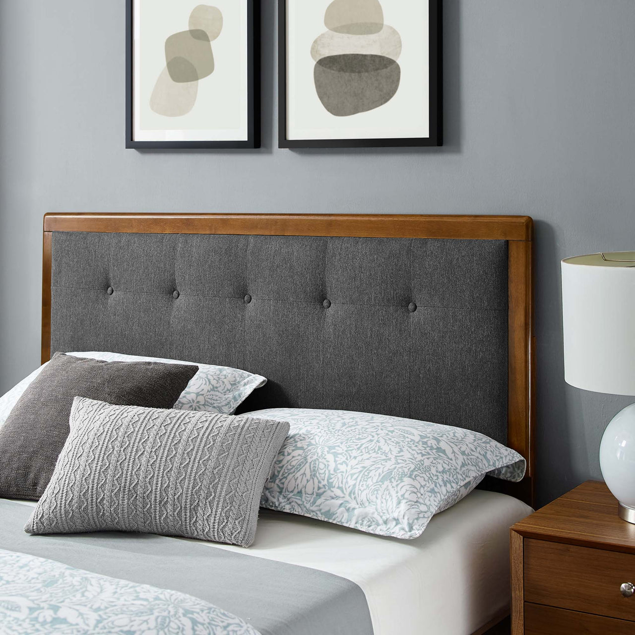 Weslow Button-Tufted Queen Platform Bed, Walnut & Charcoal