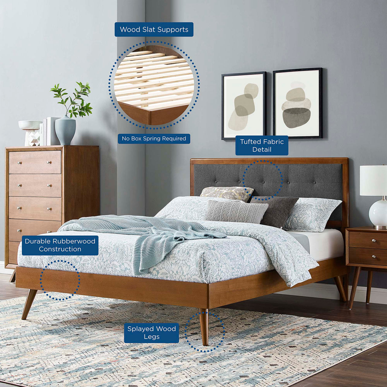 Weslow Button-Tufted Queen Platform Bed, Walnut & Charcoal