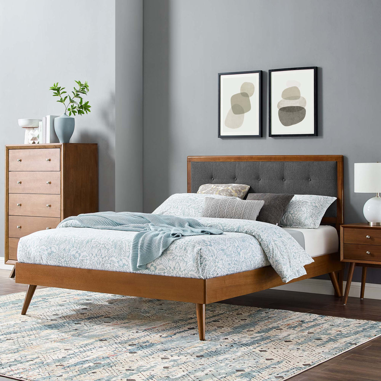Weslow Button-Tufted Queen Platform Bed, Walnut & Charcoal