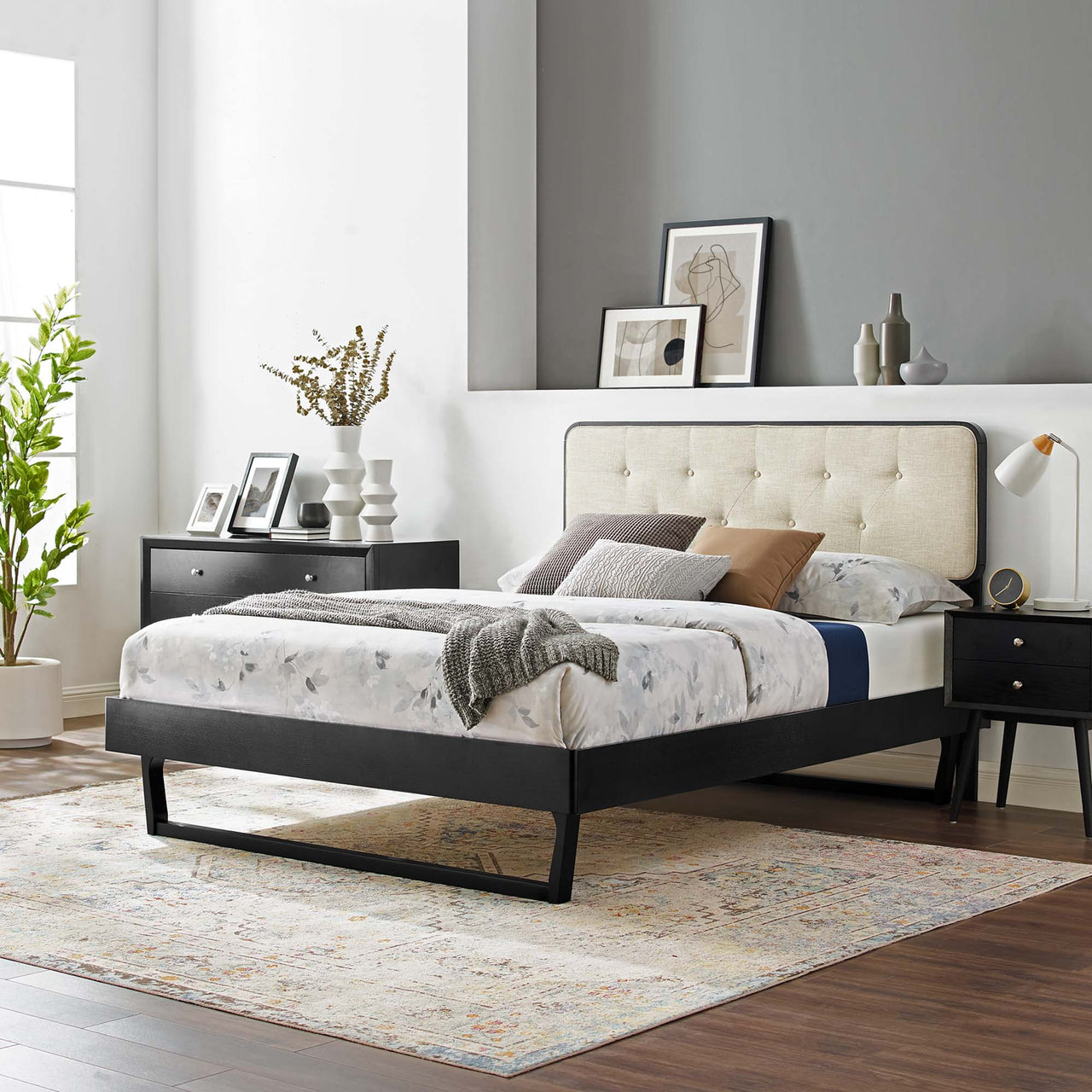 Bosque Upholstered Panel Queen Platform Bed, Black & Beige