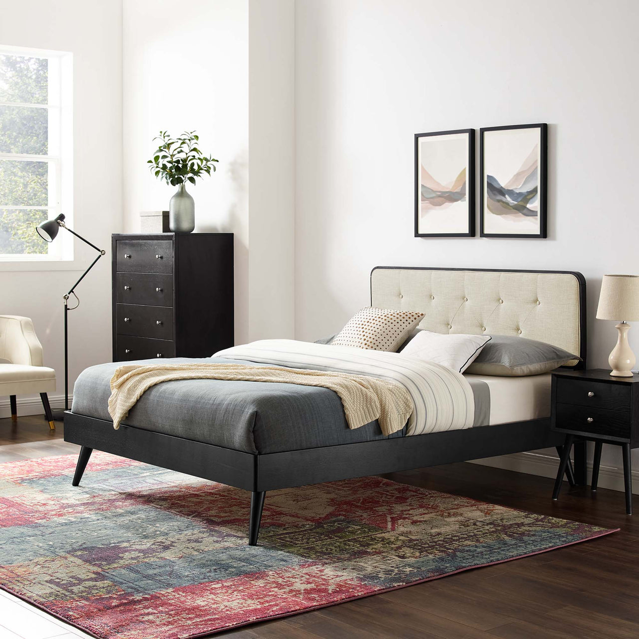 Bosque Upholstered Panel Queen Platform Bed, Black & Beige