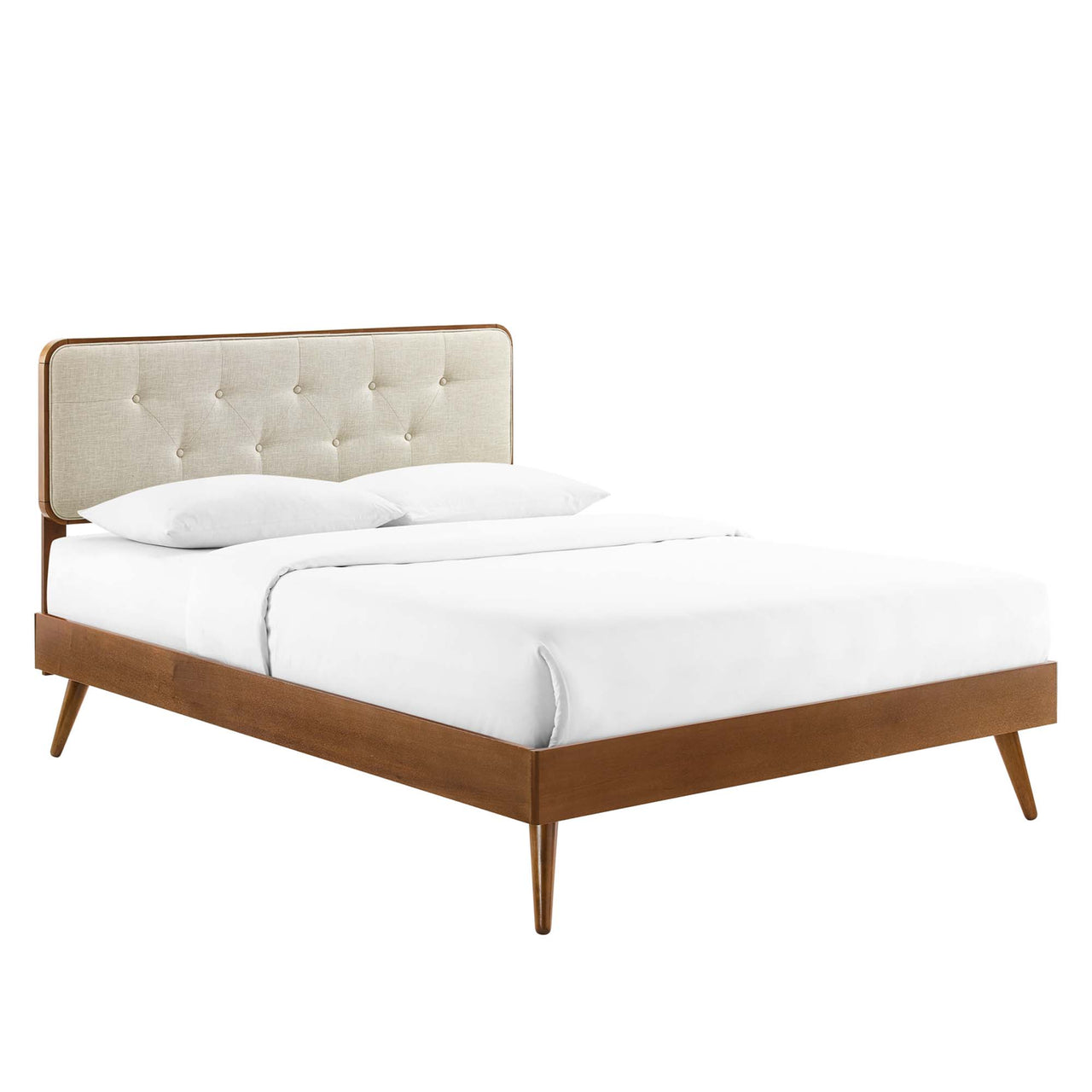 Bosque Upholstered Panel Queen Platform Bed, Walnut & Beige
