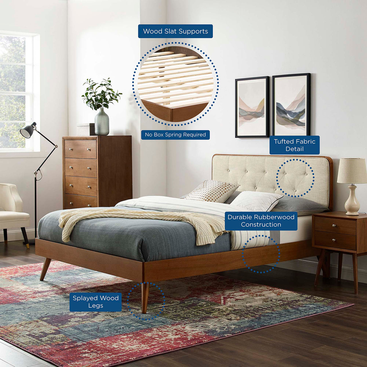 Bosque Upholstered Panel Queen Platform Bed, Walnut & Beige