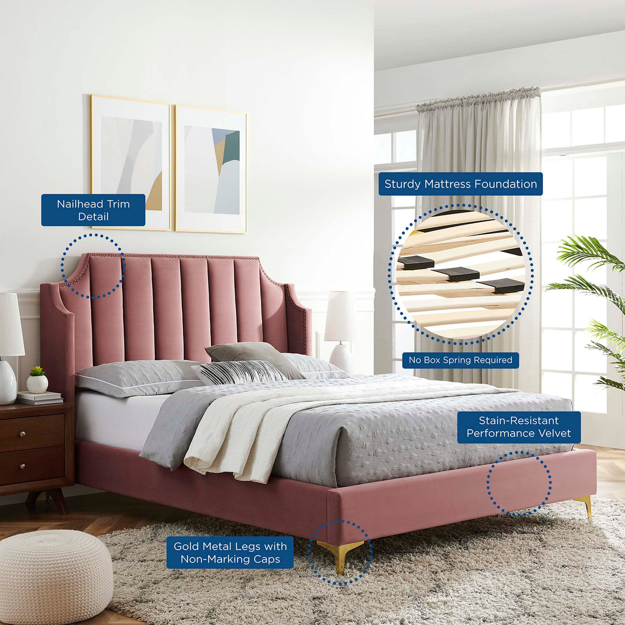 Daria Upholstered Velvet Queen Platform Bed, Dusty Rose