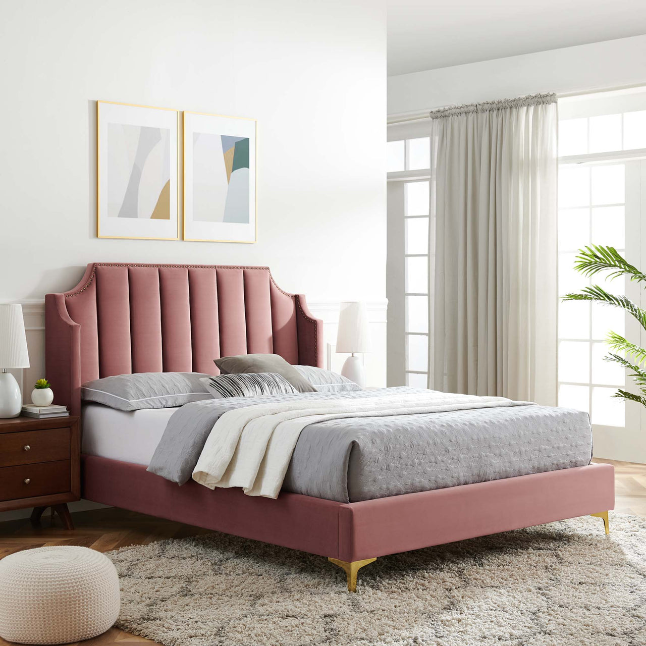 Daria Upholstered Velvet Queen Platform Bed, Dusty Rose