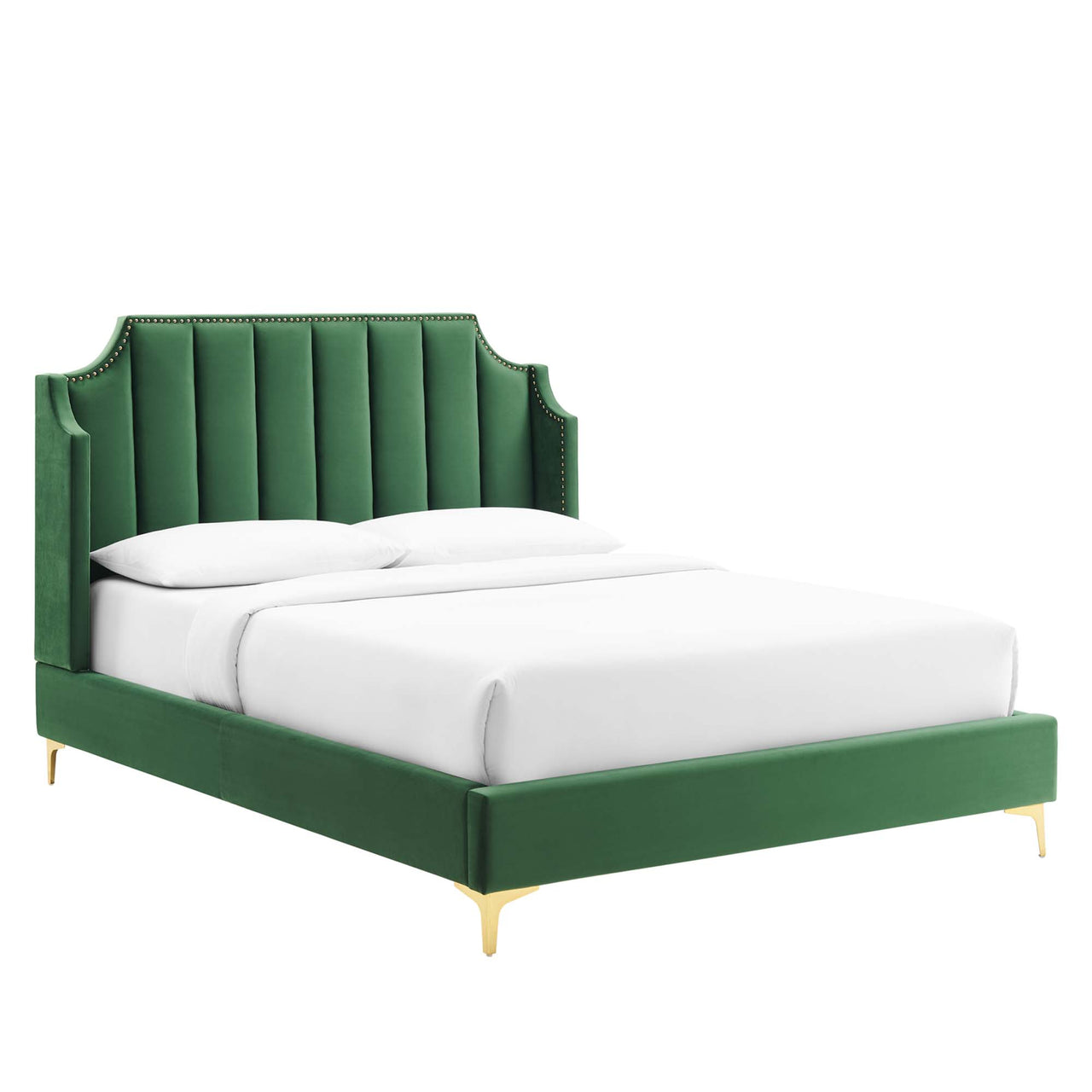 Daria Upholstered Velvet Queen Platform Bed, Emerald