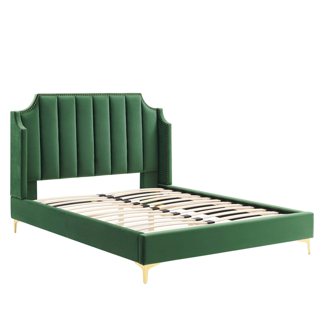 Daria Upholstered Velvet Queen Platform Bed, Emerald