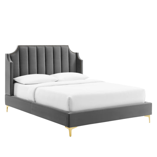 Daria Upholstered Velvet Queen Platform Bed, Gray