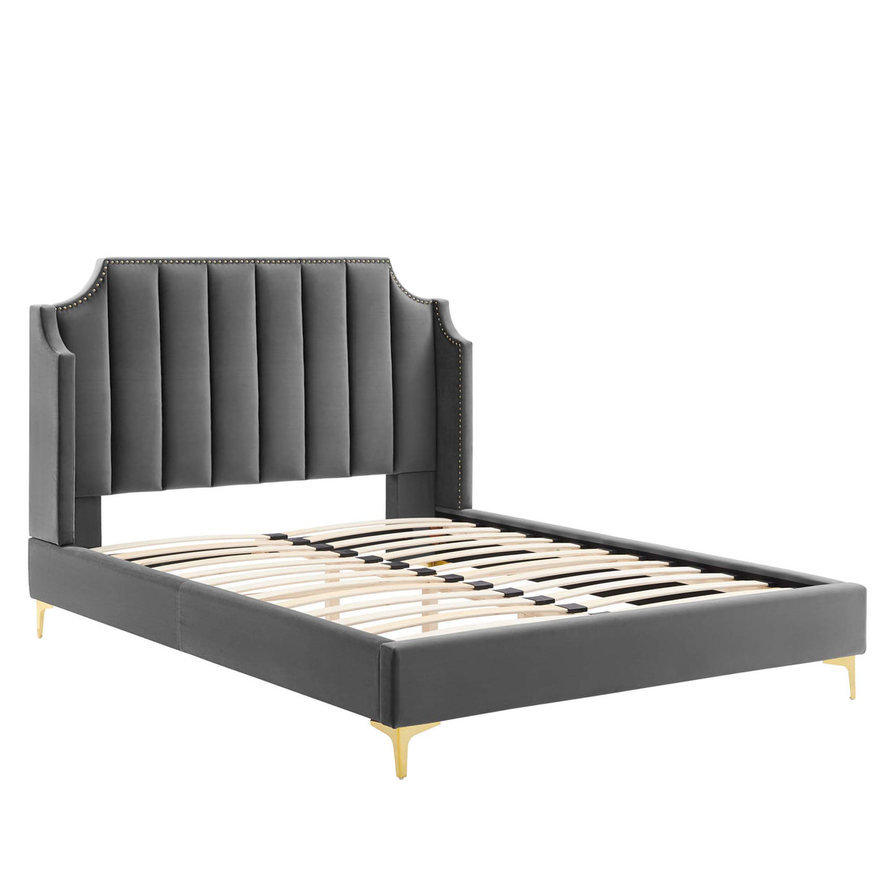 Daria Upholstered Velvet Queen Platform Bed, Gray