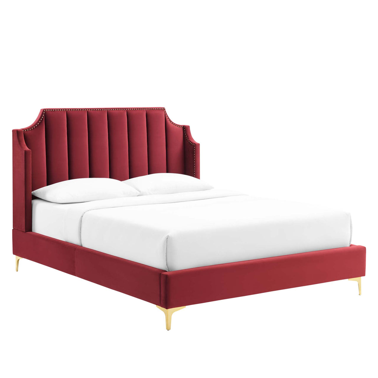 Daria Upholstered Velvet Queen Platform Bed, Maroon
