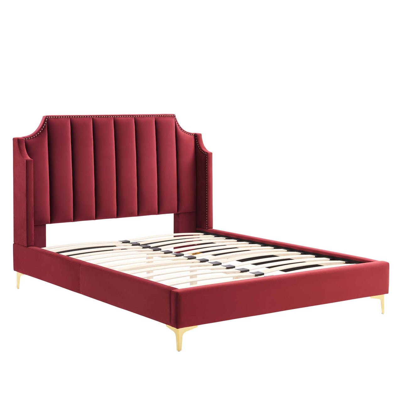 Daria Upholstered Velvet Queen Platform Bed, Maroon
