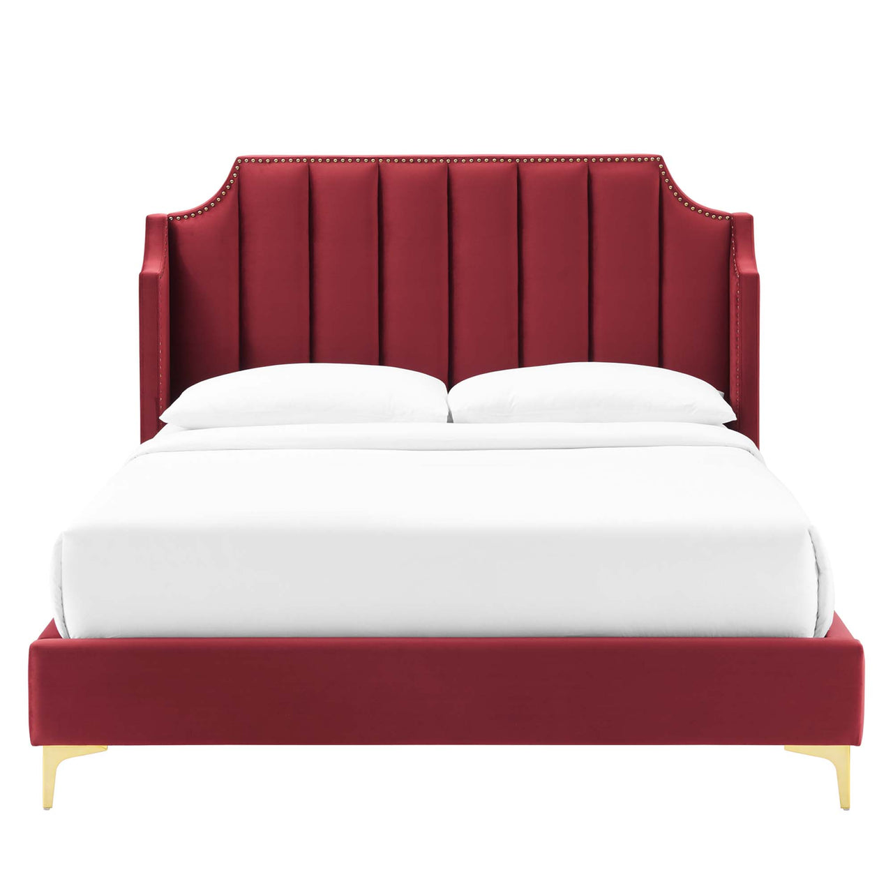 Daria Upholstered Velvet Queen Platform Bed, Maroon