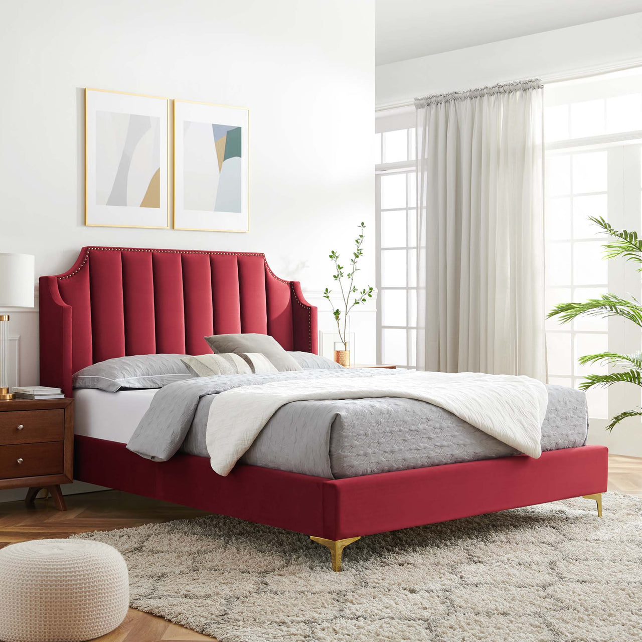 Daria Upholstered Velvet Queen Platform Bed, Maroon