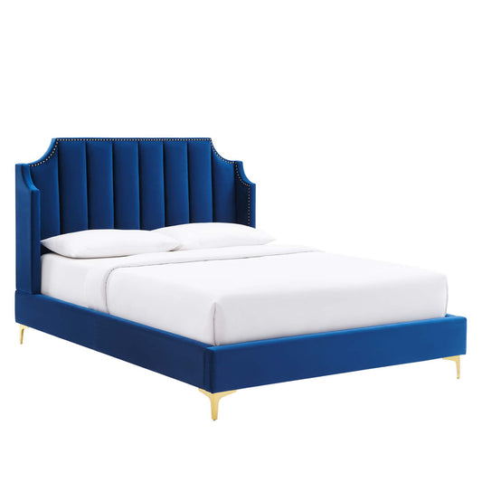 Daria Upholstered Velvet Queen Platform Bed, Navy