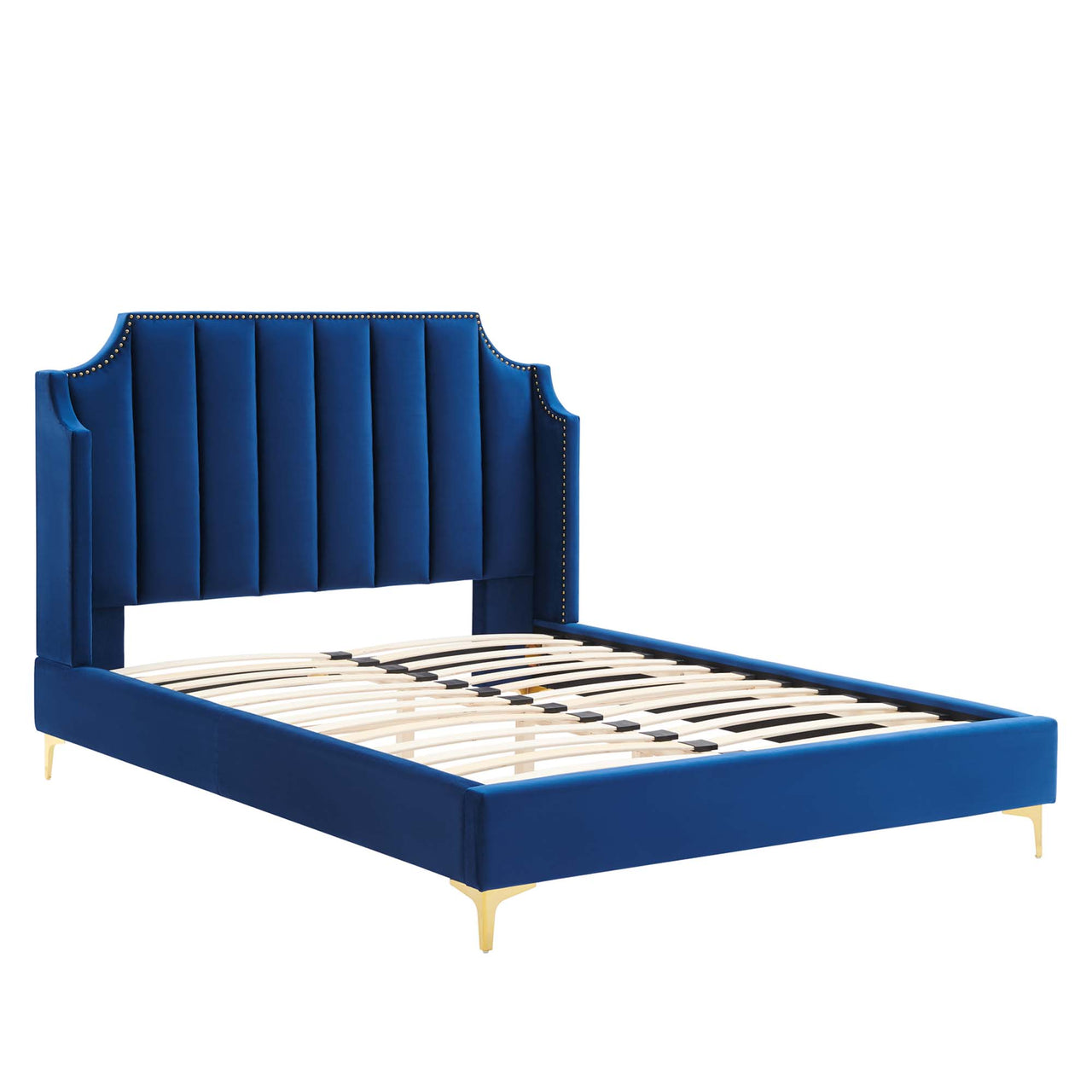 Daria Upholstered Velvet Queen Platform Bed, Navy