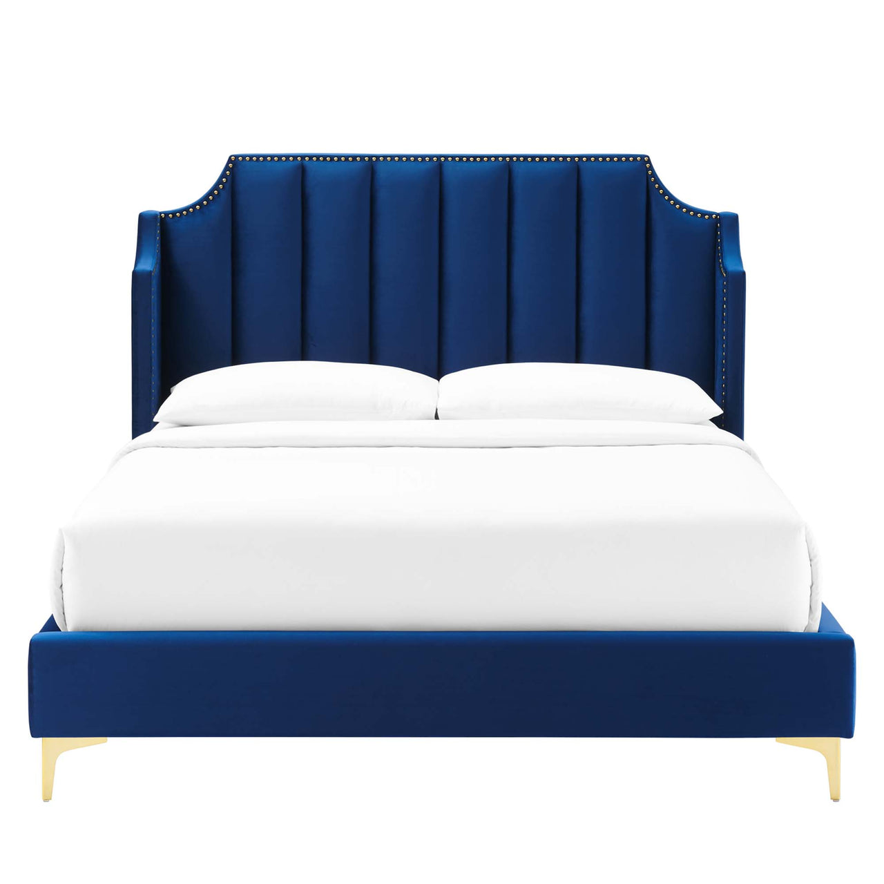 Daria Upholstered Velvet Queen Platform Bed, Navy