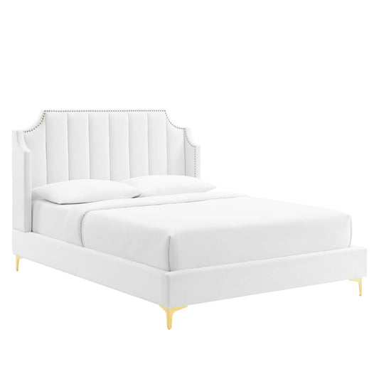 Daria Upholstered Velvet Queen Platform Bed, White