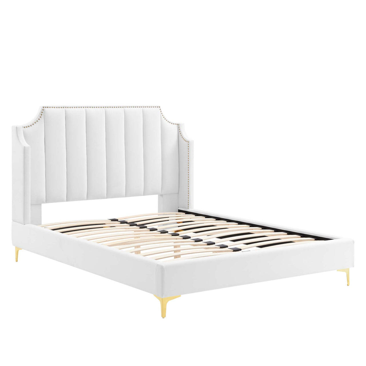 Daria Upholstered Velvet Queen Platform Bed, White