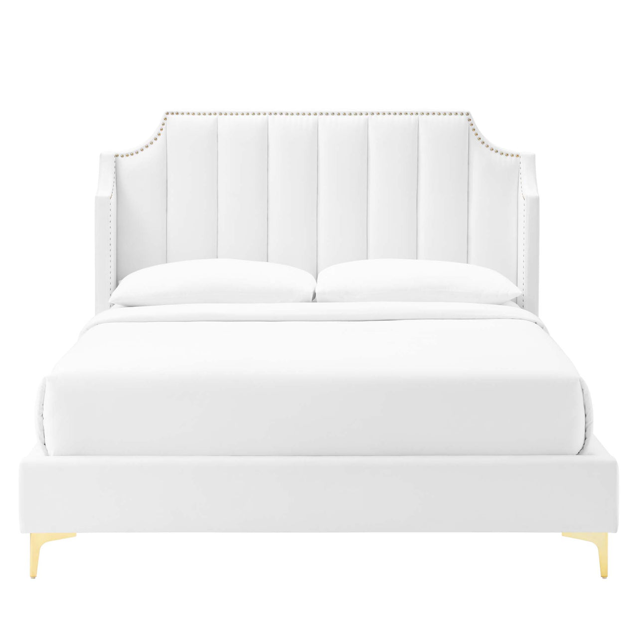 Daria Upholstered Velvet Queen Platform Bed, White