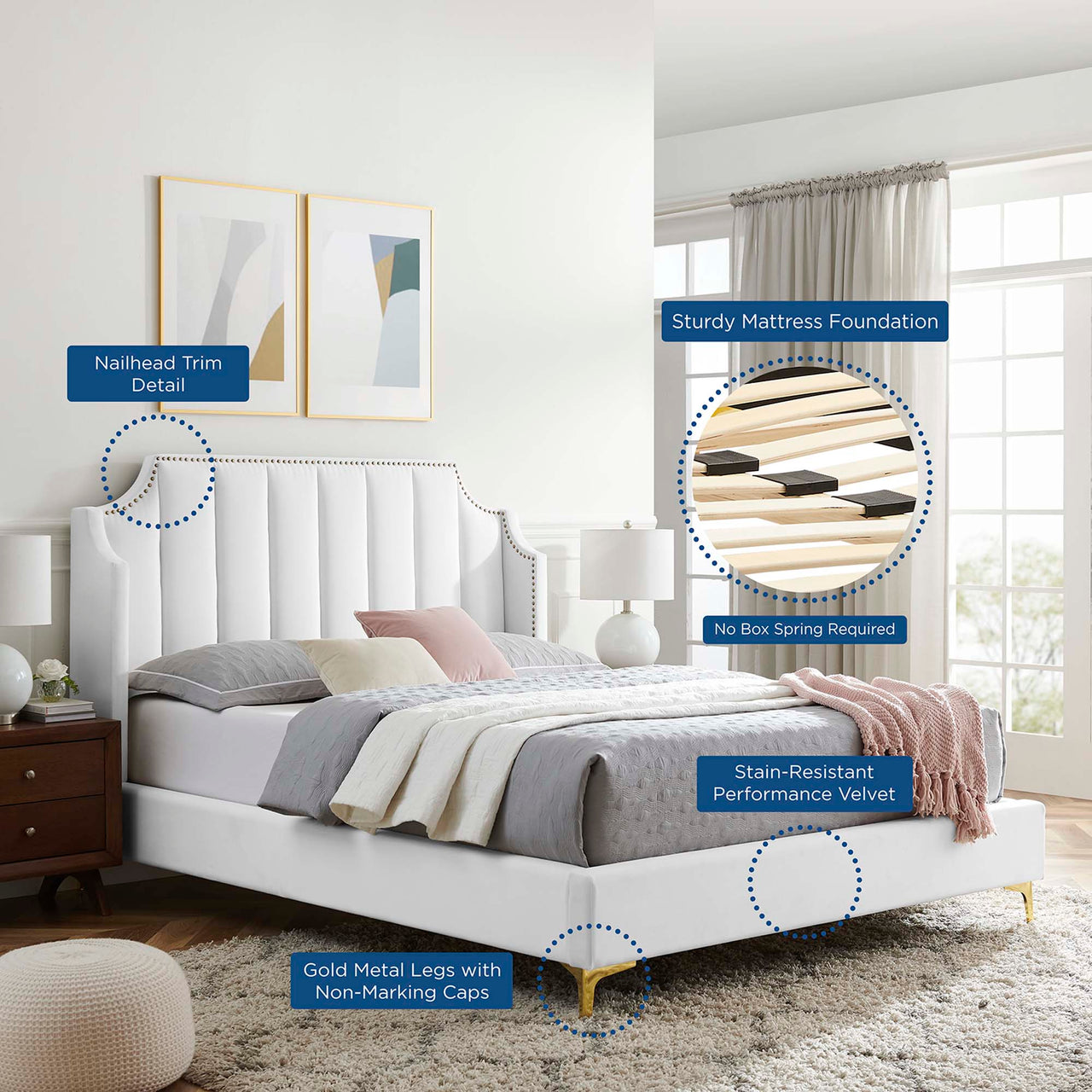 Daria Upholstered Velvet Queen Platform Bed, White