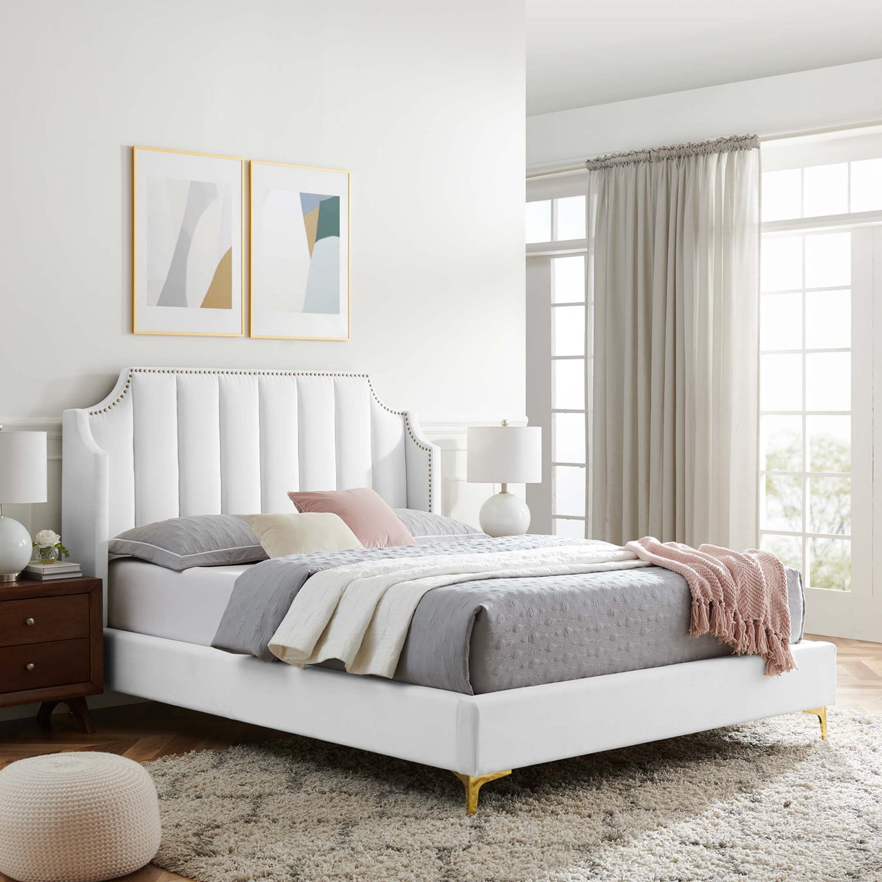 Daria Upholstered Velvet Queen Platform Bed, White