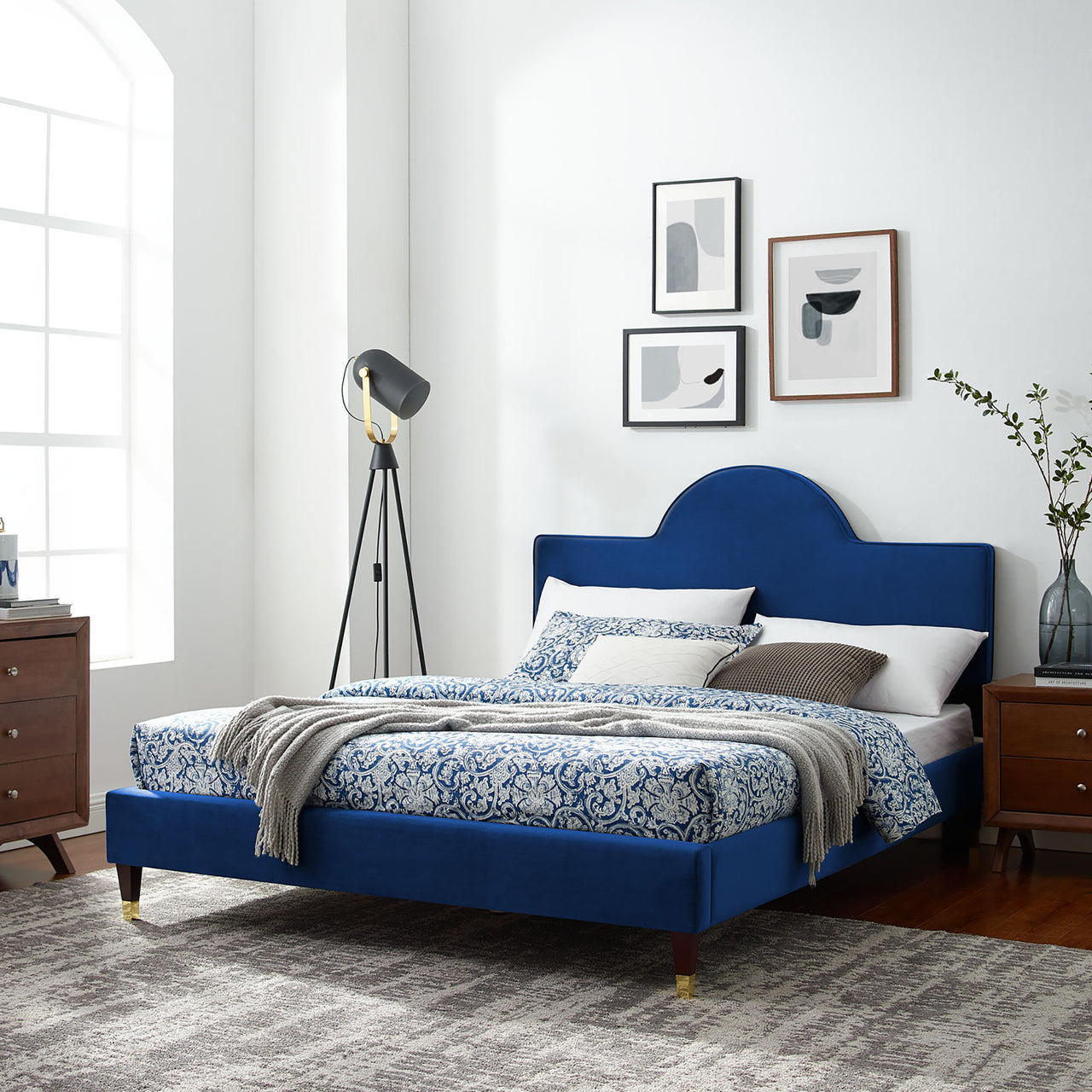 Arise Upholstered Velvet Queen Bed, Navy